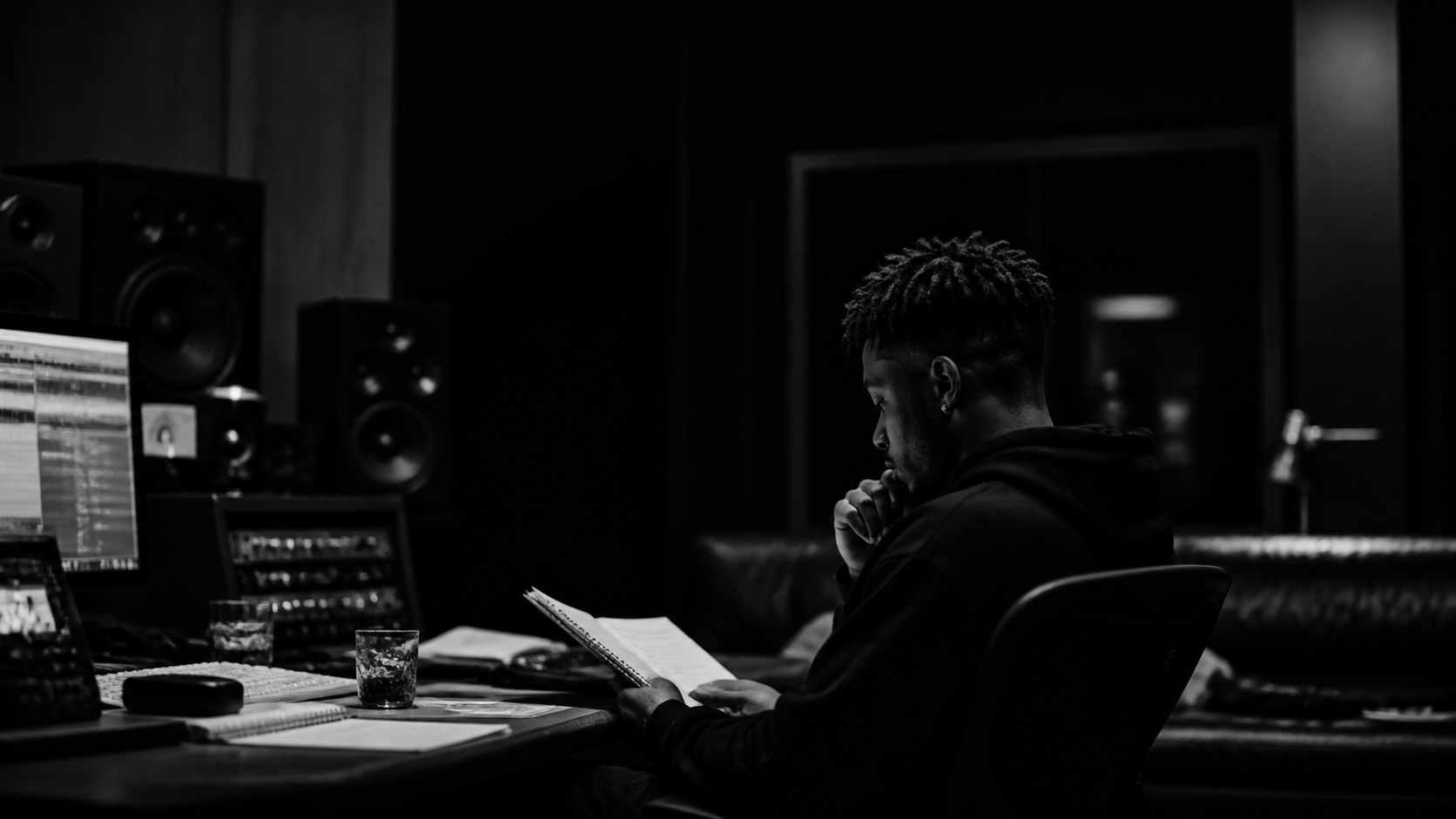 Artist im dunklen Studio bei der strategischen Vorbereitung eines Releases