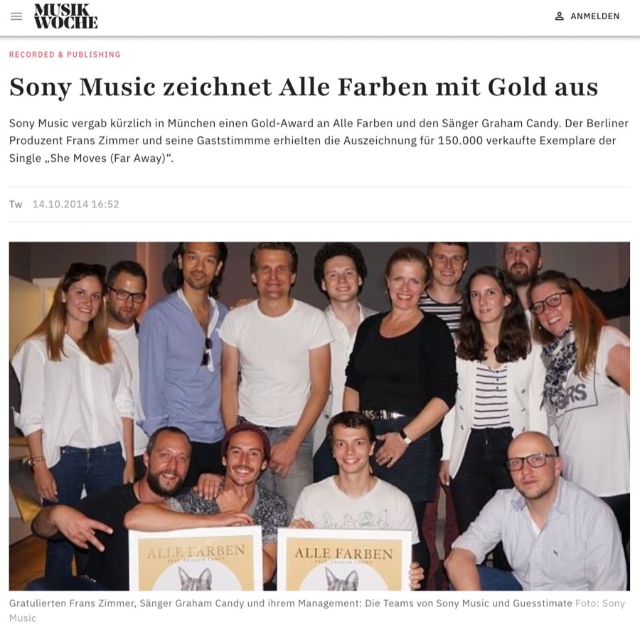 Musikwoche-Artikel zu Sony Music und Alle Farben Gold-Auszeichnung